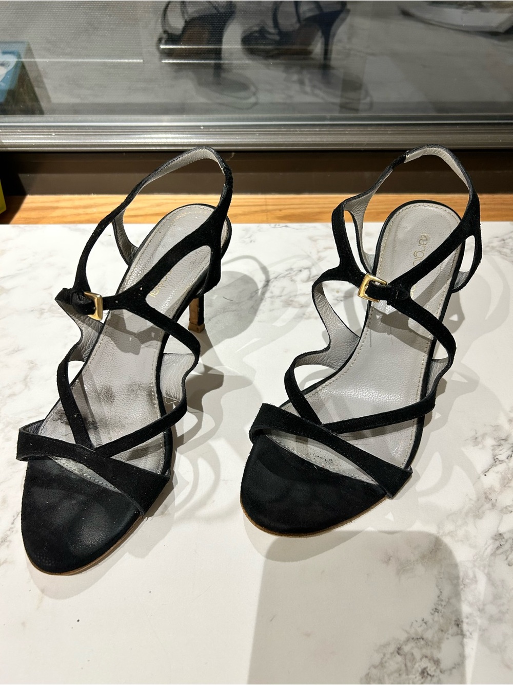 Sergio Rossi Black Strappy Slingback Heels with Gold Buckles